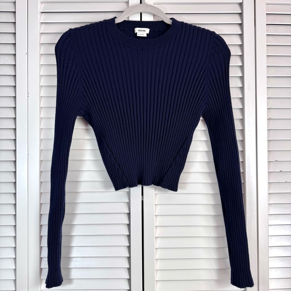 Jason Wu Ribbed Knit Wool Cropped Crew Neck Sweater Top Slim Fit Navy Size Large - Picture 3 of 9